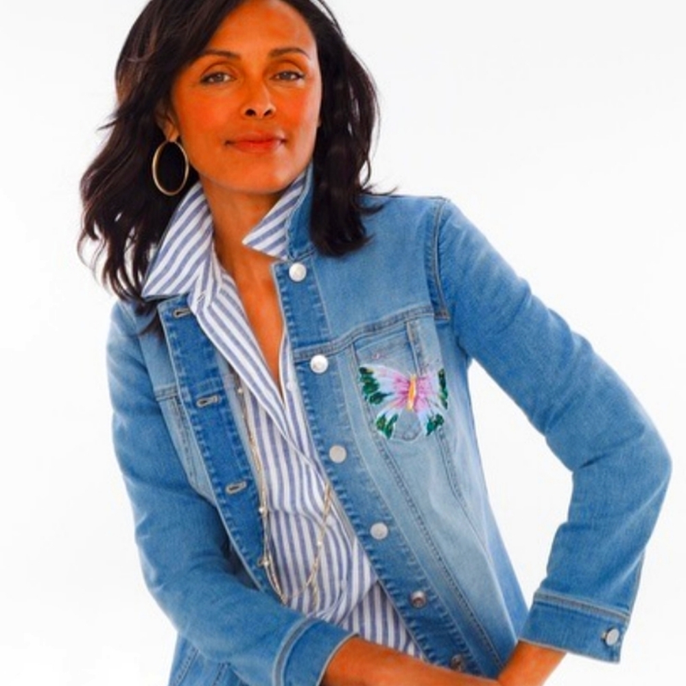 Chico's Denim Handpainted Butterfly Jacket. NWT